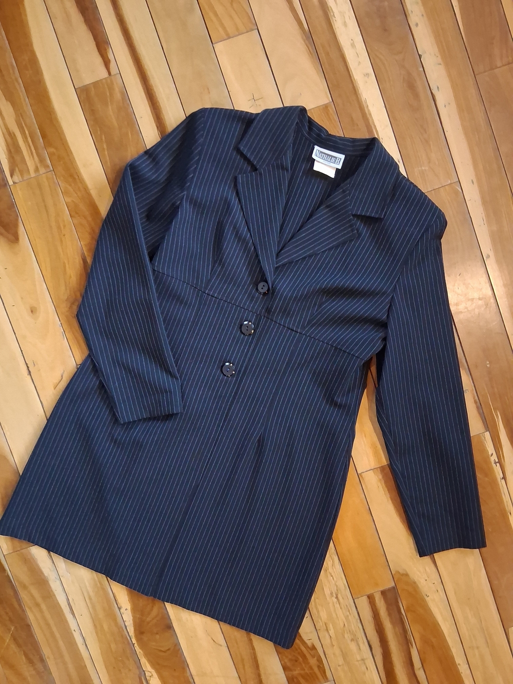 Nathalie B. Dark Navy Pinstripe Long Blazer – Made in Canada 🇨🇦
